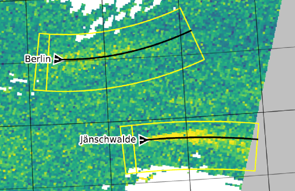 CO2 satellite image from synthetic CO2M dataset showing emission plumes of Berlin city and Jänschwalde power plant.